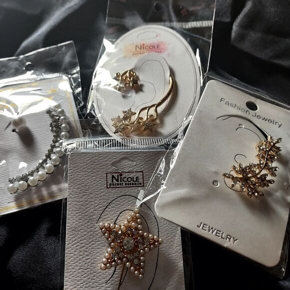 EAR CRAWLER JACKET HUGGER STAR LEAF PEARL BUNDLE SET OF 4 - Picture 6 of 7